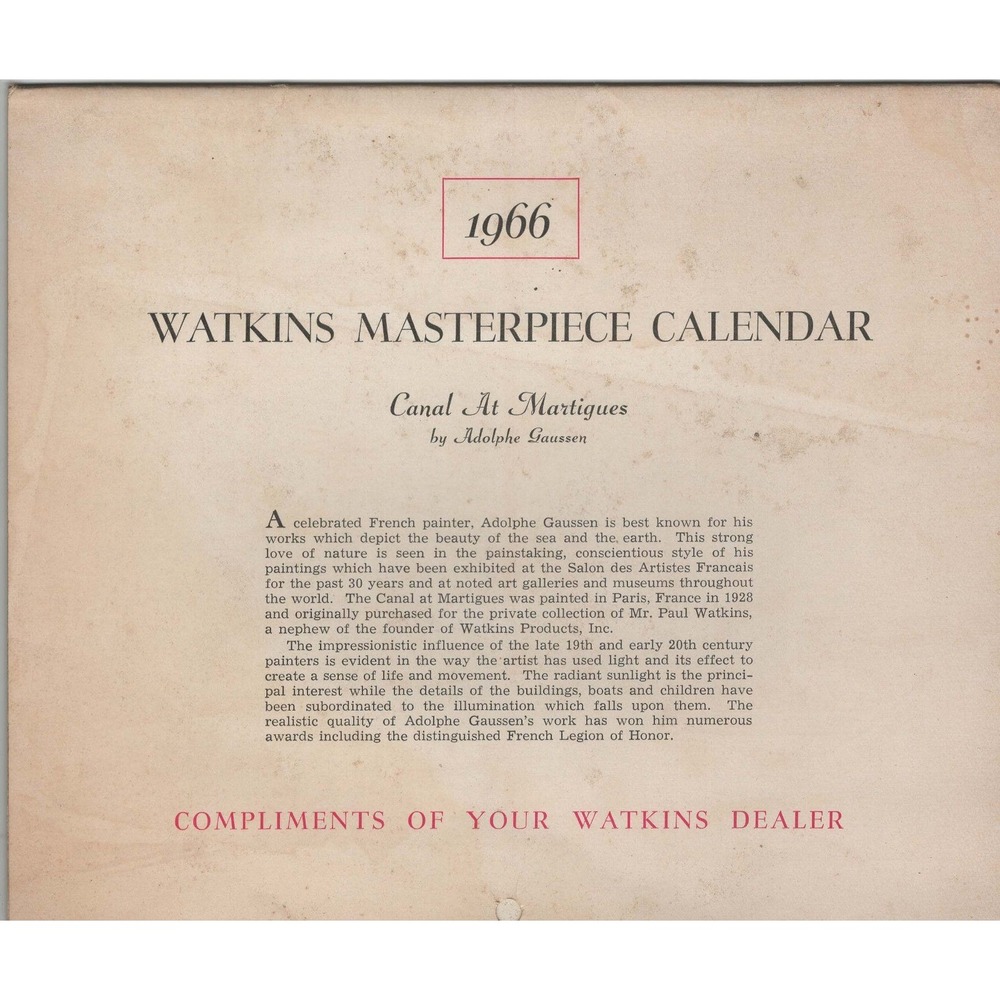 Vintage 1966 Watkins Masterpiece Calendar Canal At Martigues Adolphe Gaussen